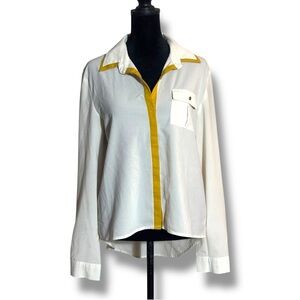 Timing White/Cream and Mustard Details Button Down Notched Collar Sheer Blouse
